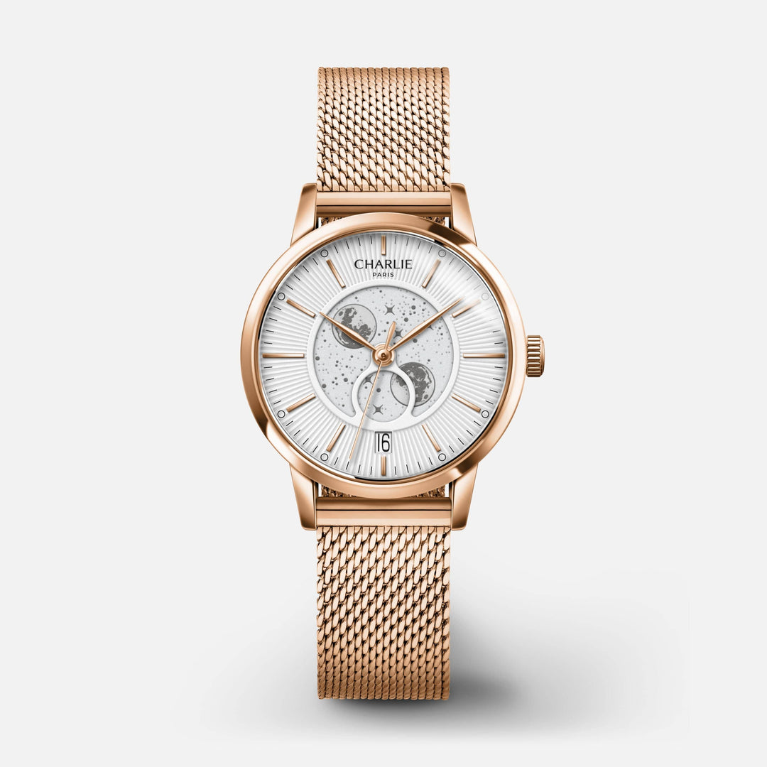 Charlie Paris Montre Maille milanaise / Acier inoxydable Montre Charlie Paris SULLY Phase de LuneRosé 30 mm en acier inoxydable