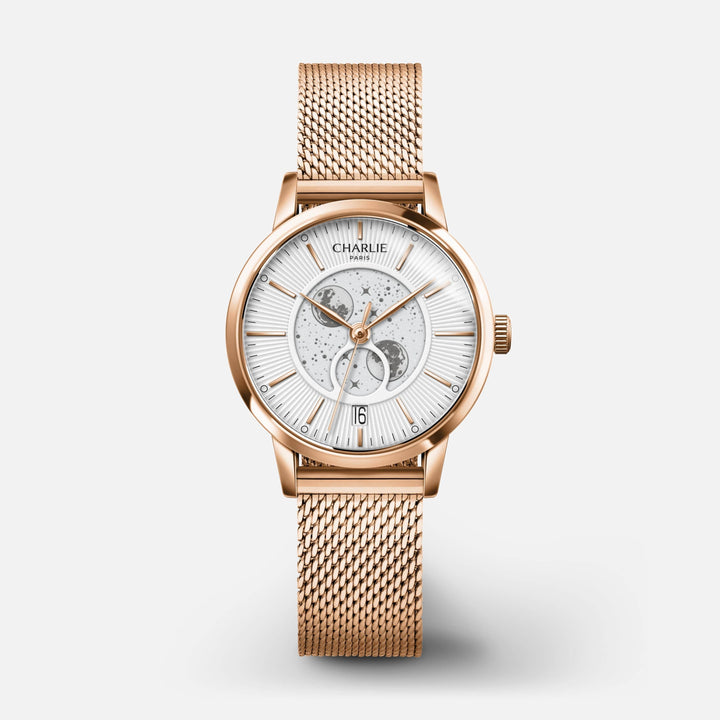 Charlie Paris Montre Maille milanaise / Acier inoxydable Montre Charlie Paris SULLY Phase de LuneRosé 30 mm en acier inoxydable