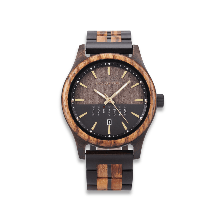 Montre en bois Horizon Équinoxe Roadtripmadewood Montre en bois Acier inoxydable plaqué noir RTMW-HORIZON-EQUINOXE Montre Horizon - Équinoxe en bois | Mathieu Blanchard Joaillerie Mathieu Blanchard Joaillerie