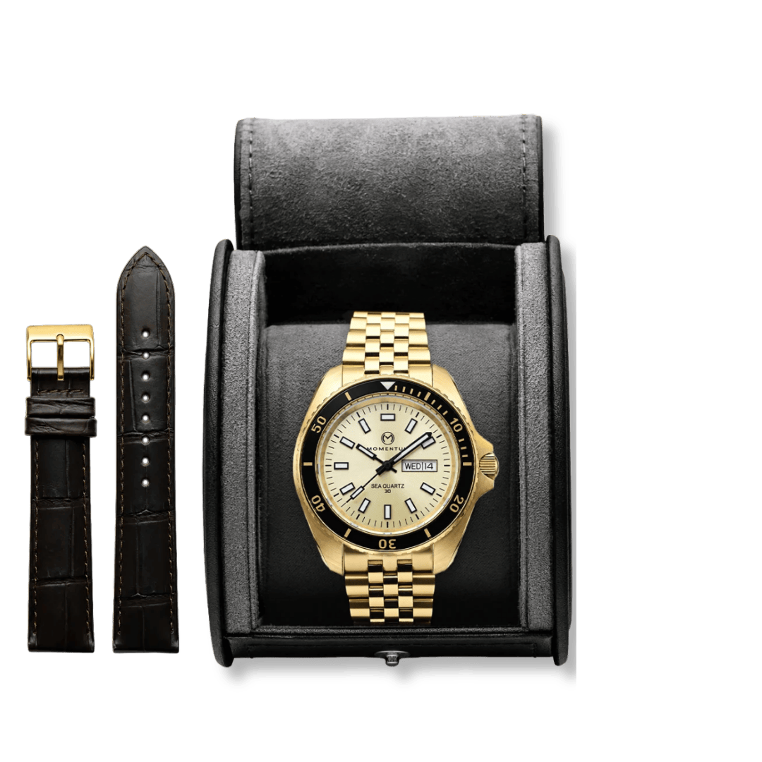 Montre Momentum Champagne Sea Quartz 30 - 42mm Momentum Montre Acier inoxydable plaqué or jaune 081AADBFC-EL-B-BK-B-BK-AGK-BH-AG-B-K10 Montre Champagne Sea Quartz 30 - 42mm - Dépositaire officiel Momentum Canada Mathieu Blanchard Joaillerie