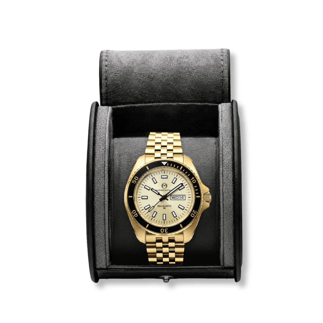 Montre Momentum Champagne Sea Quartz 30 - 42mm Momentum Montre Acier inoxydable plaqué or jaune 081AADBFC-EL-B-BK-B-BK-AGK-BH-AG-B-K10 Montre Champagne Sea Quartz 30 - 42mm - Dépositaire officiel Momentum Canada Mathieu Blanchard Joaillerie