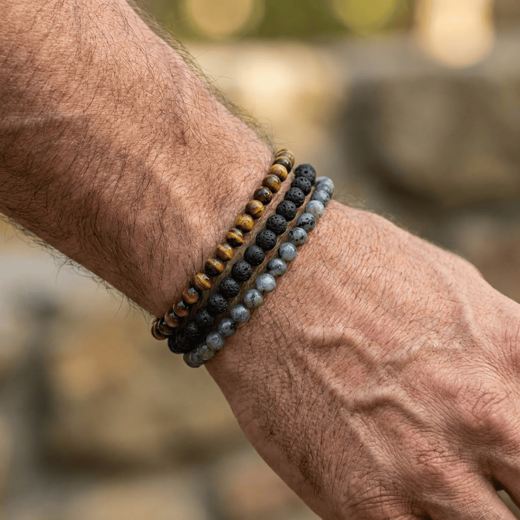 Trio de bracelets Oeil de tigre, Pierre de lave et Labradorite Mathieu Blanchard Bracelets Acier inoxydable Trio de bracelets Oeil de tigre, Pierre de lave et Labradorite Mathieu Blanchard Joaillerie