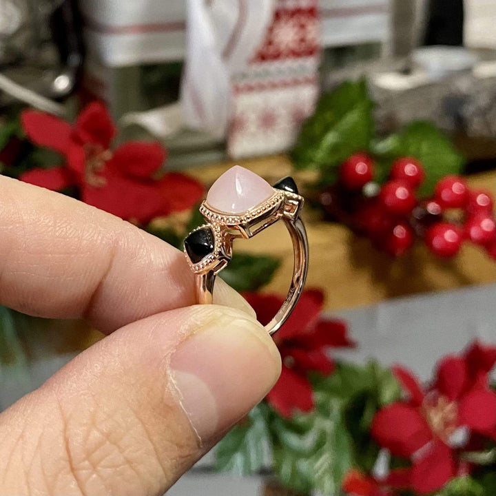 Larus Bague Punk doux agate noire et rose en argent 925 plaqué or rose