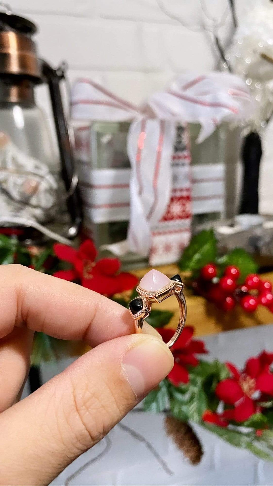 Larus Bague Punk doux agate noire et rose en argent 925 plaqué or rose