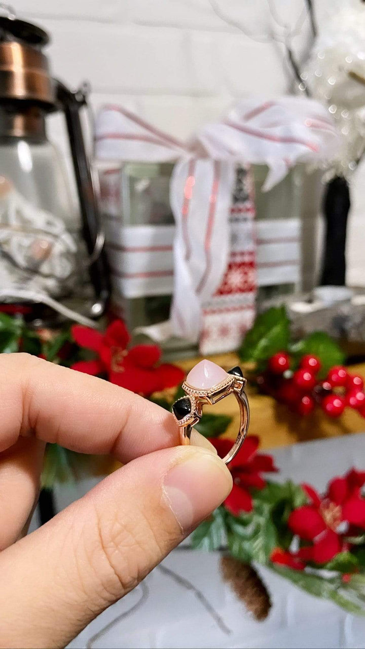 Larus Bague Punk doux agate noire et rose en argent 925 plaqué or rose
