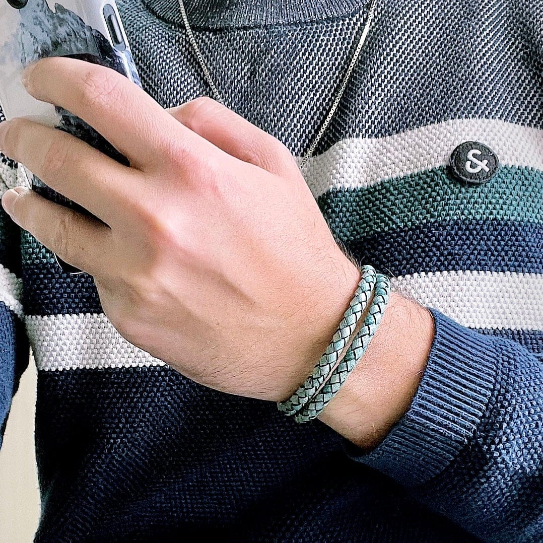 Mathieu Blanchard Bracelet 7.5 pouces / Bleu Bracelet La Force en cuir tressé double et acier