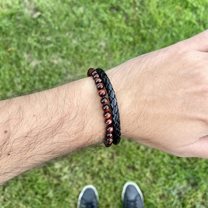 Mathieu Blanchard Bracelet Bracelet Stone en cuir, acier et oeil de tigre rouge