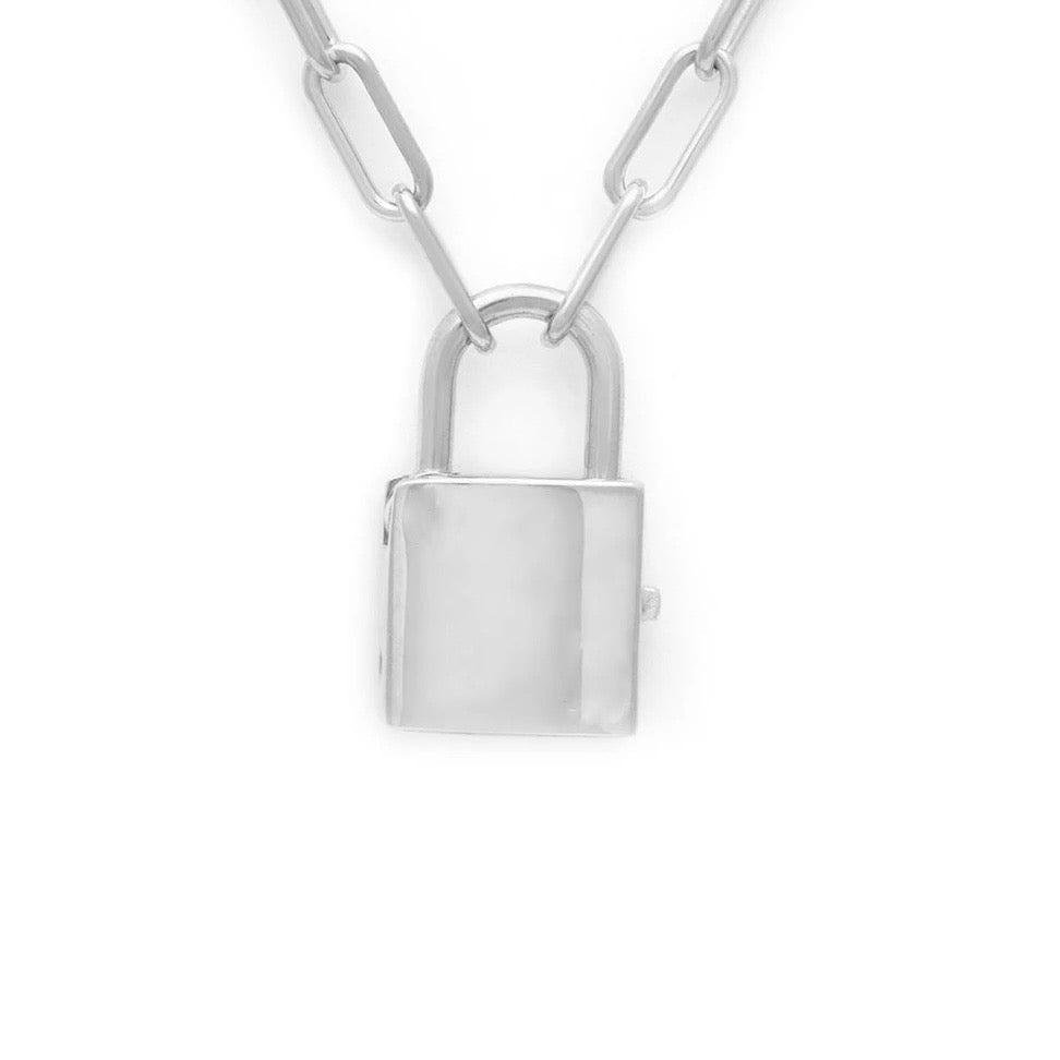 Mathieu Blanchard Chaîne Collier Cadenas mailles rectangles en argent sterling