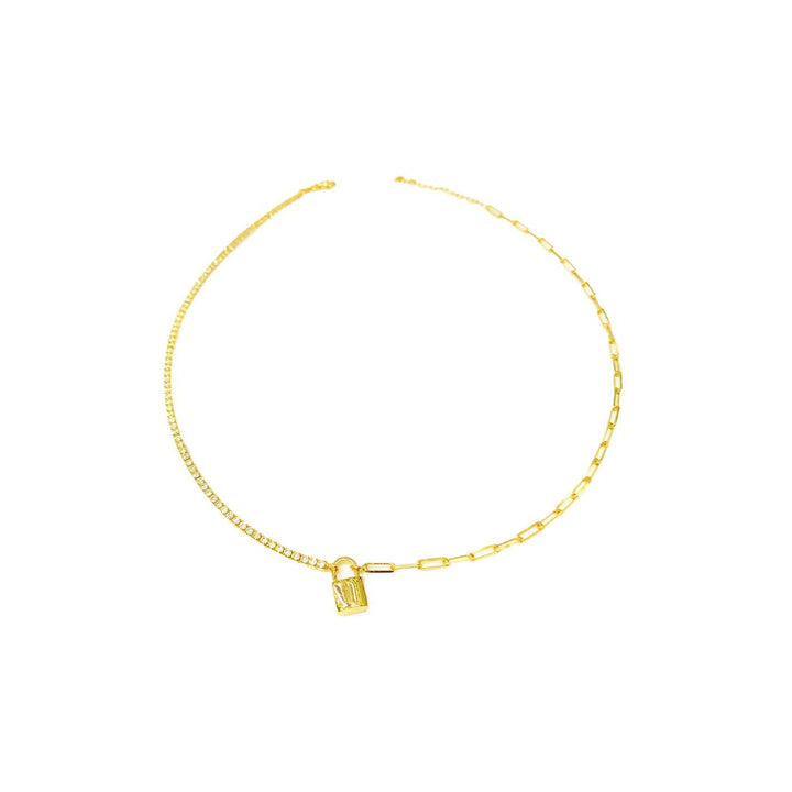 Mathieu Blanchard Doré Collier Chaîne, cadenas et Tennis CZ en argent sterling