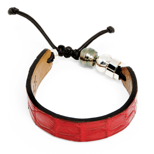 Romeo J. Bracelet en cuir de crocodile, perle de Tahiti  et argent