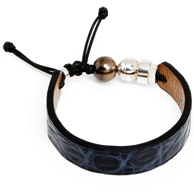 Romeo J. Bracelet en cuir de crocodile, perle de Tahiti  et argent