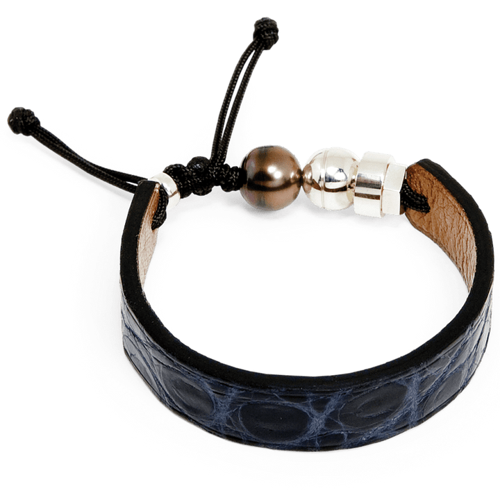 Romeo J. Bracelet en cuir de crocodile, perle de Tahiti  et argent
