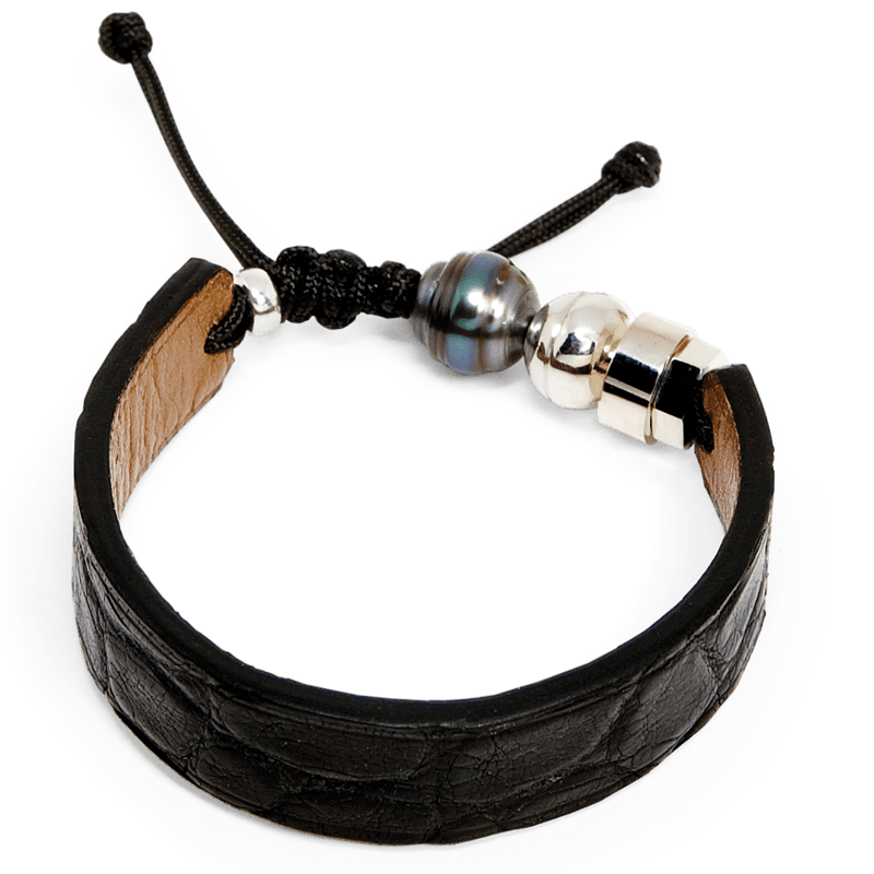 Romeo J. Bracelet en cuir de crocodile, perle de Tahiti  et argent