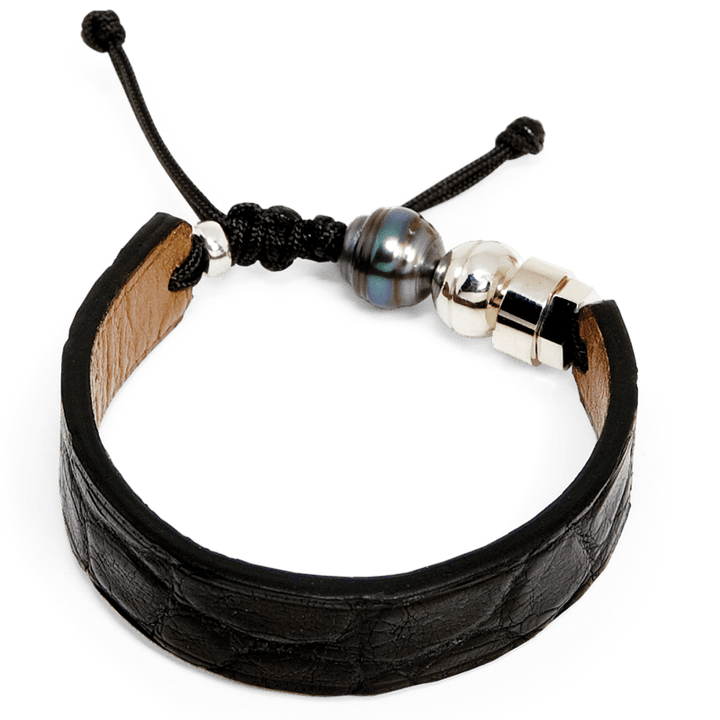 Romeo J. Bracelet en cuir de crocodile, perle de Tahiti  et argent