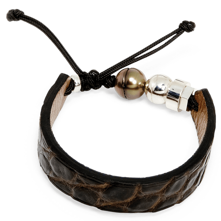 Romeo J. Bracelet en cuir de crocodile, perle de Tahiti  et argent
