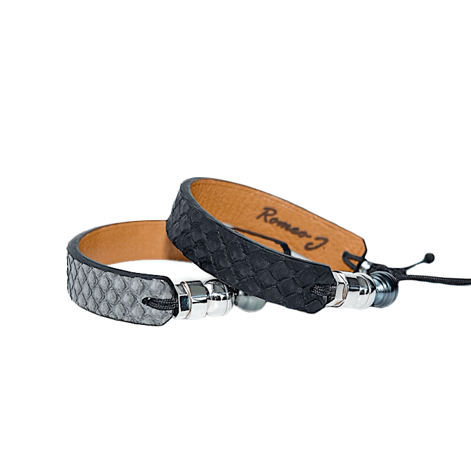 Romeo J. Bracelet en cuir de python, perle de Tahiti  et argent