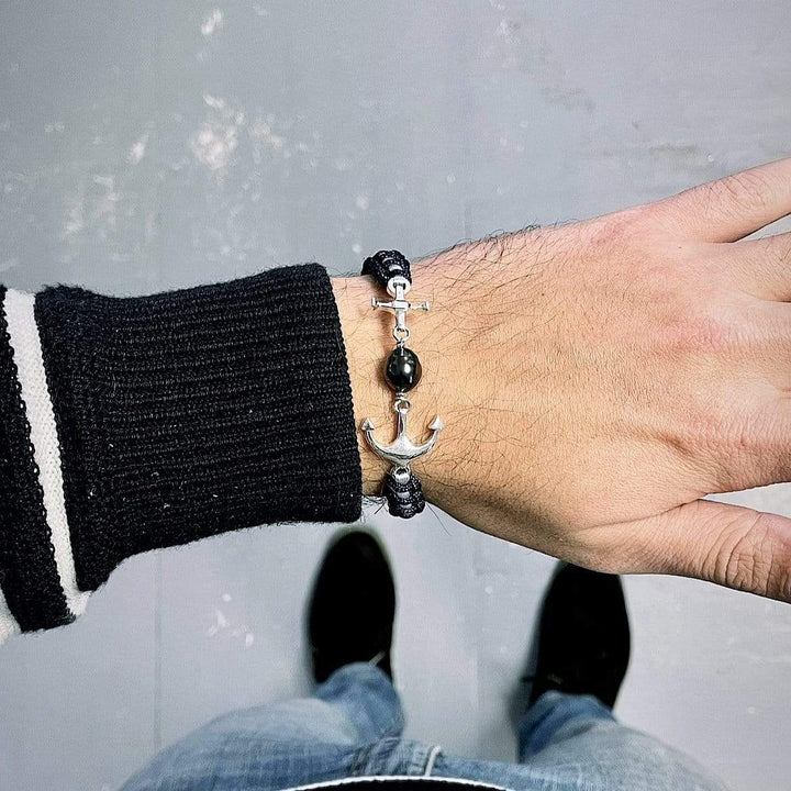 Tereva Colas Bracelet Bracelet Ancre marine macramé, argent sterling, onyx et perle de Tahiti 10mm
