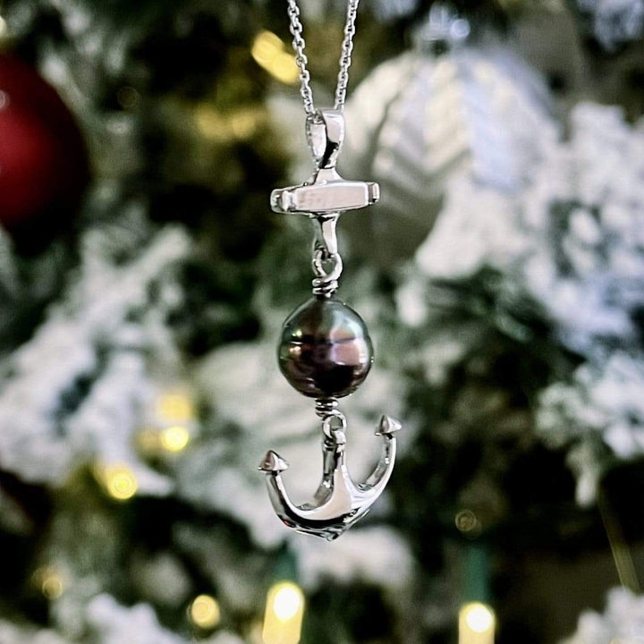 Tereva Colas Colliers Collier ancre marine en argent sterling et perle de Tahiti 9mm