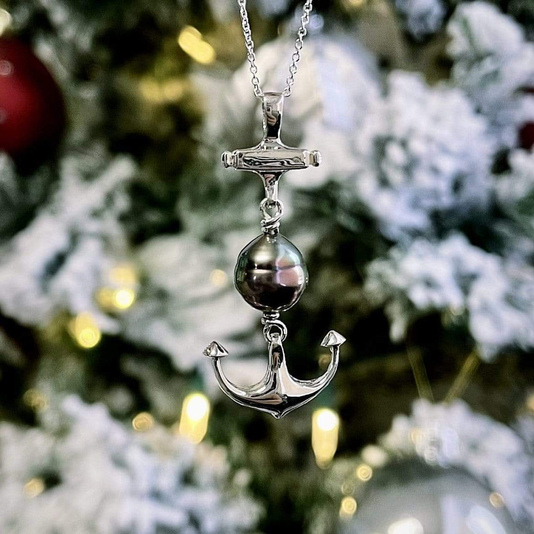 Tereva Colas Colliers Collier ancre marine en argent sterling et perle de Tahiti 9mm